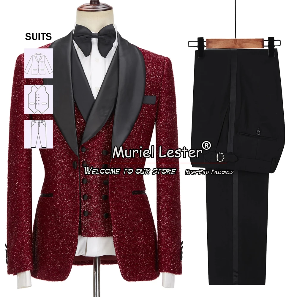 

Sparkly Wedding Suits For Men Black Notched Lapel Burgundy Coat Vest Pants 3 Pieces Formal Groomsman Tuxedo Tailor-Made Dress