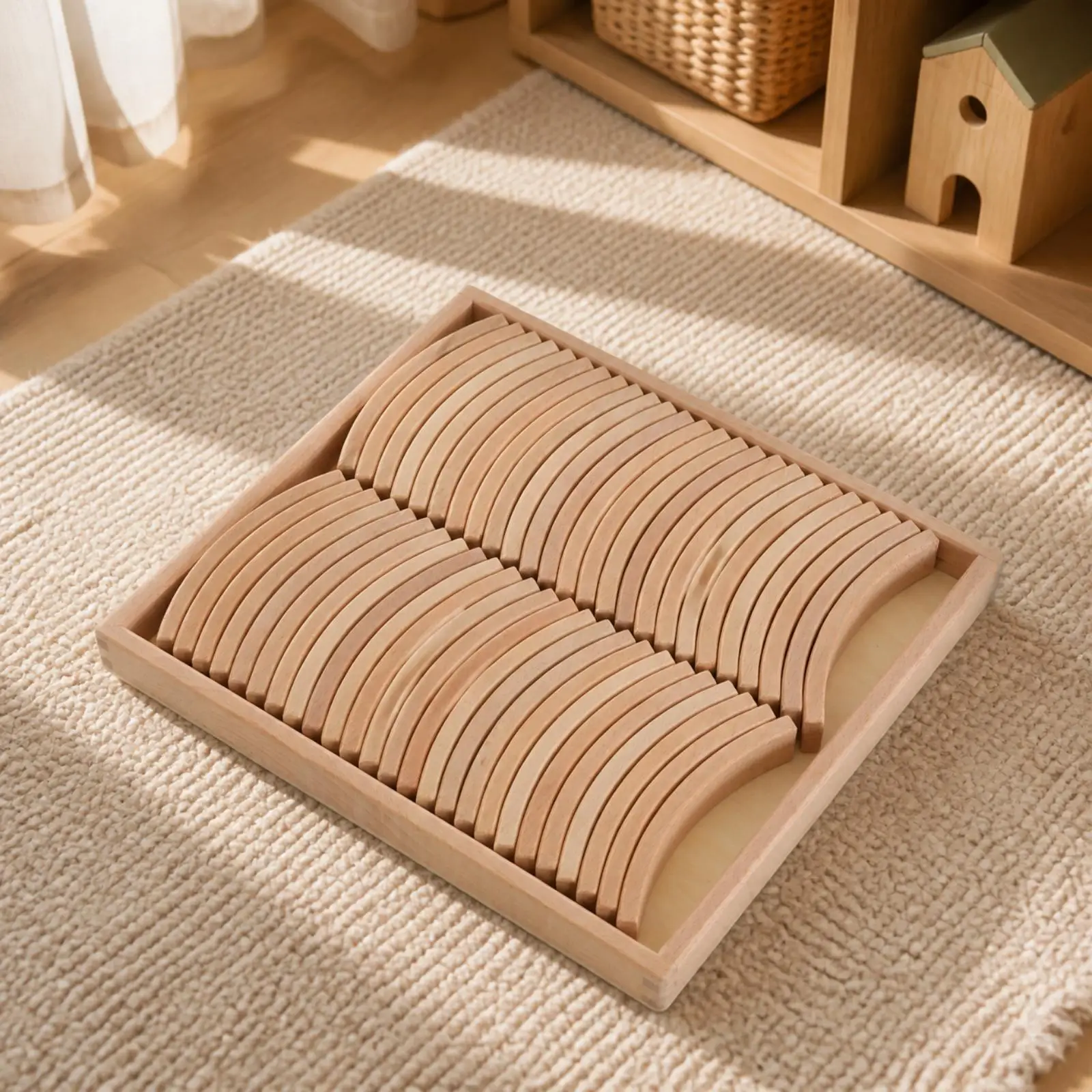 50 Pieces Curved Wooden Building Planks Smooth Rounded Edges Wooden Building Planks with Storage Box Open-Ended Stackable