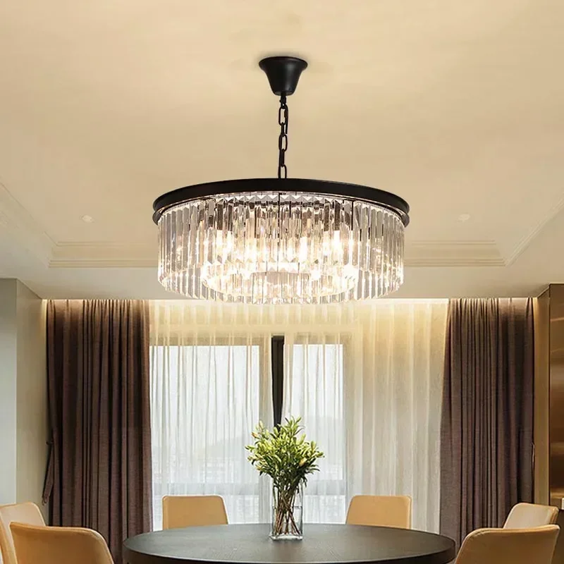 American Retro Ring Lamp Modern Gold Loft Bedroom Living Room Ceiling Chandelier Chain Hanging Luster K9 Crystal Pendant Lights