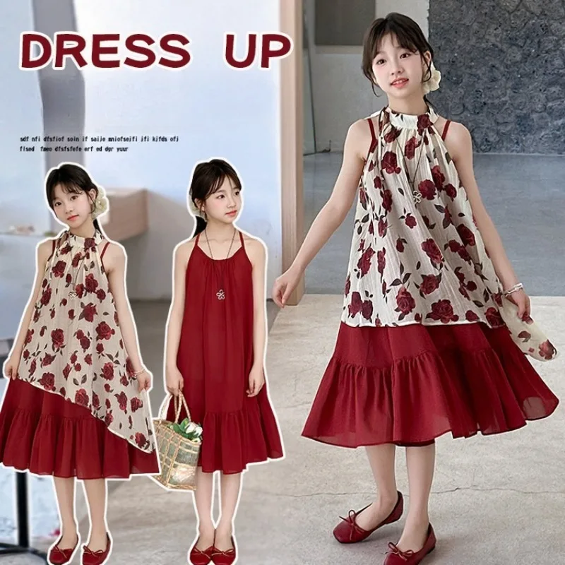 Girls Summer Beach Dress Children Red Floral Layered Maxi Sundress Big Kids Irregular Hem Party Wear Clothes 2025 New