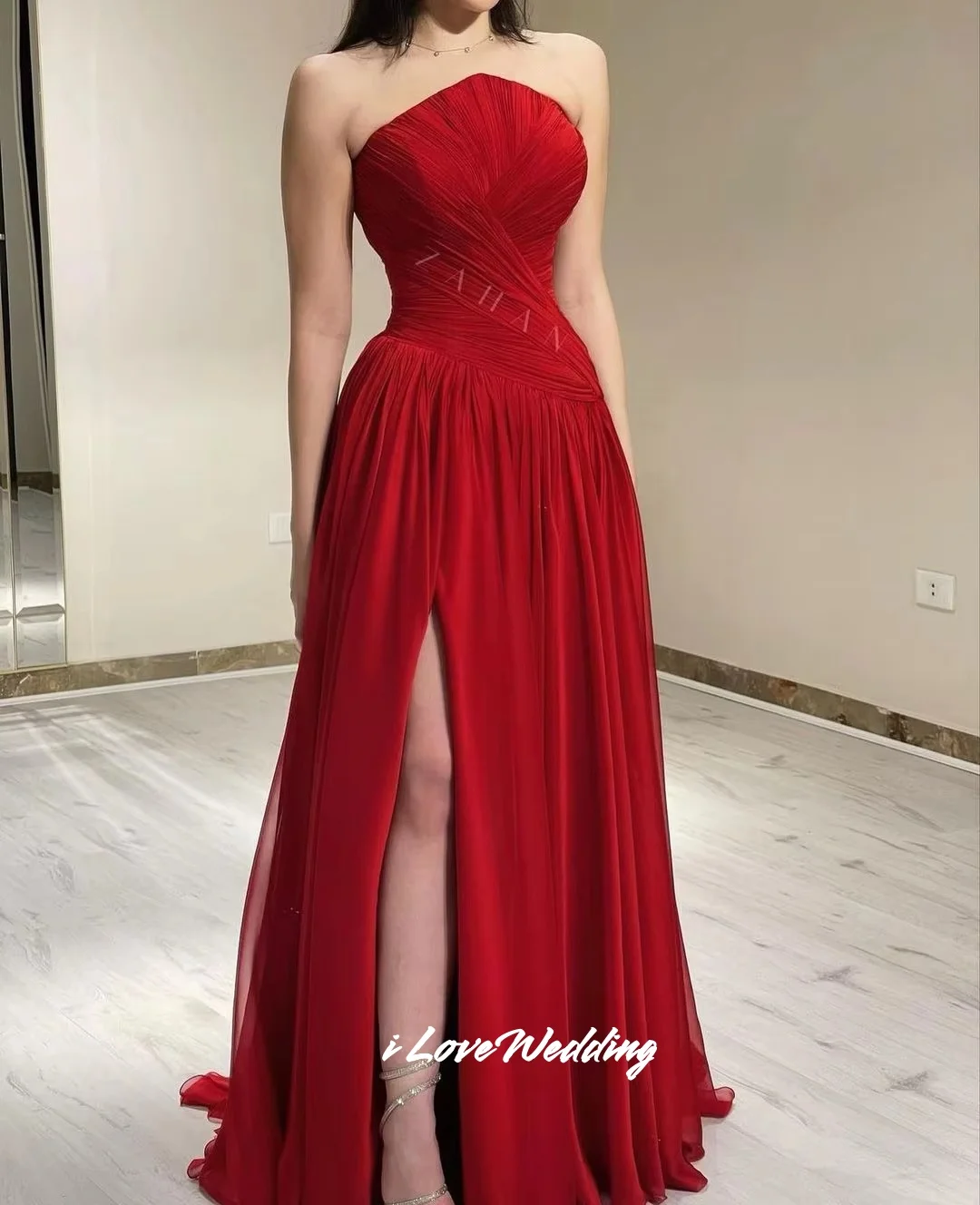 ثوب مسائي أحمر للنساء شيفون طويل فستاين سهرة/فساتين الحفلات بدون حمالات مطوي فتحة جانبية فستان الحفلات فساتين مأدبة النادي الخاص حسب الطلب #1