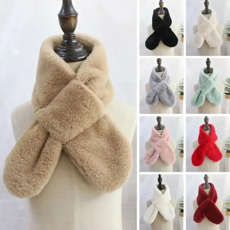 Children Winter Warm Thicken Cross Collar Scarf Solid Color Faux Rabbit Fur Plush Cute Shawl Scarfs for 1-13Years Boys Girls