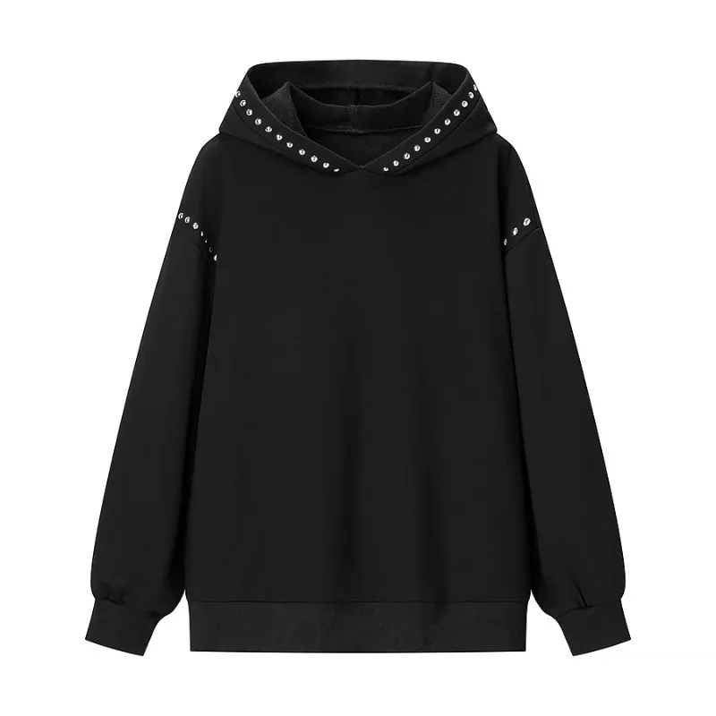 Autumn Lady Commute Outwear Women's Black Sweatshirt jacket Fashion Cool Casual Loose Long Sleeve Beaded Hoodie Trend Coat
