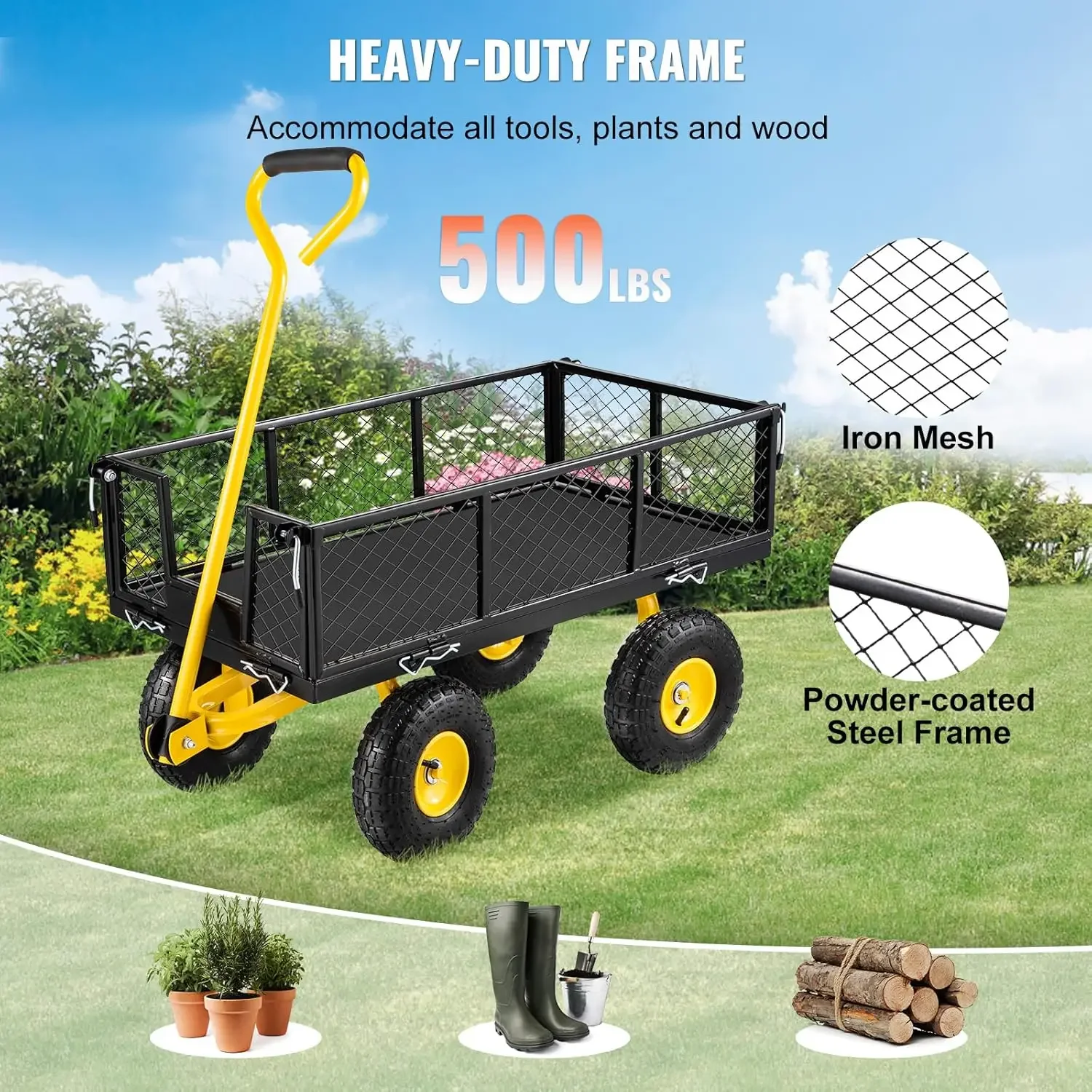 Steel Garden Cart, 500 lbs Capacity, with Removable Mesh Sides to Convert into Flatbed, 180° Rotating Handle and 10 in Tires