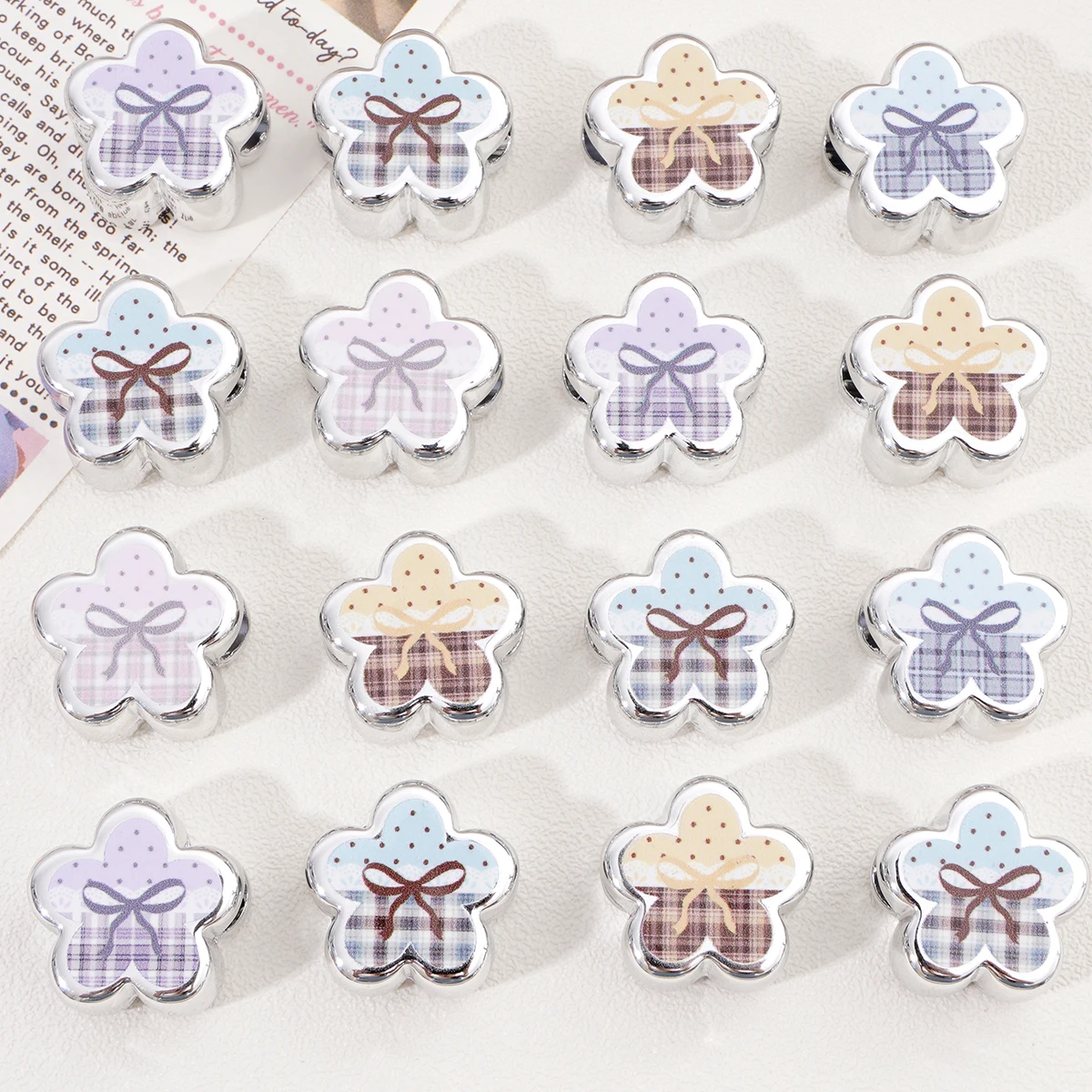 1pc 22x14mm New Acrylic Silvery Polka‑Dot Five‑Petal Flower Large Hole Beads Spacer Beads For DIY Bracelet Jewelry Accessories