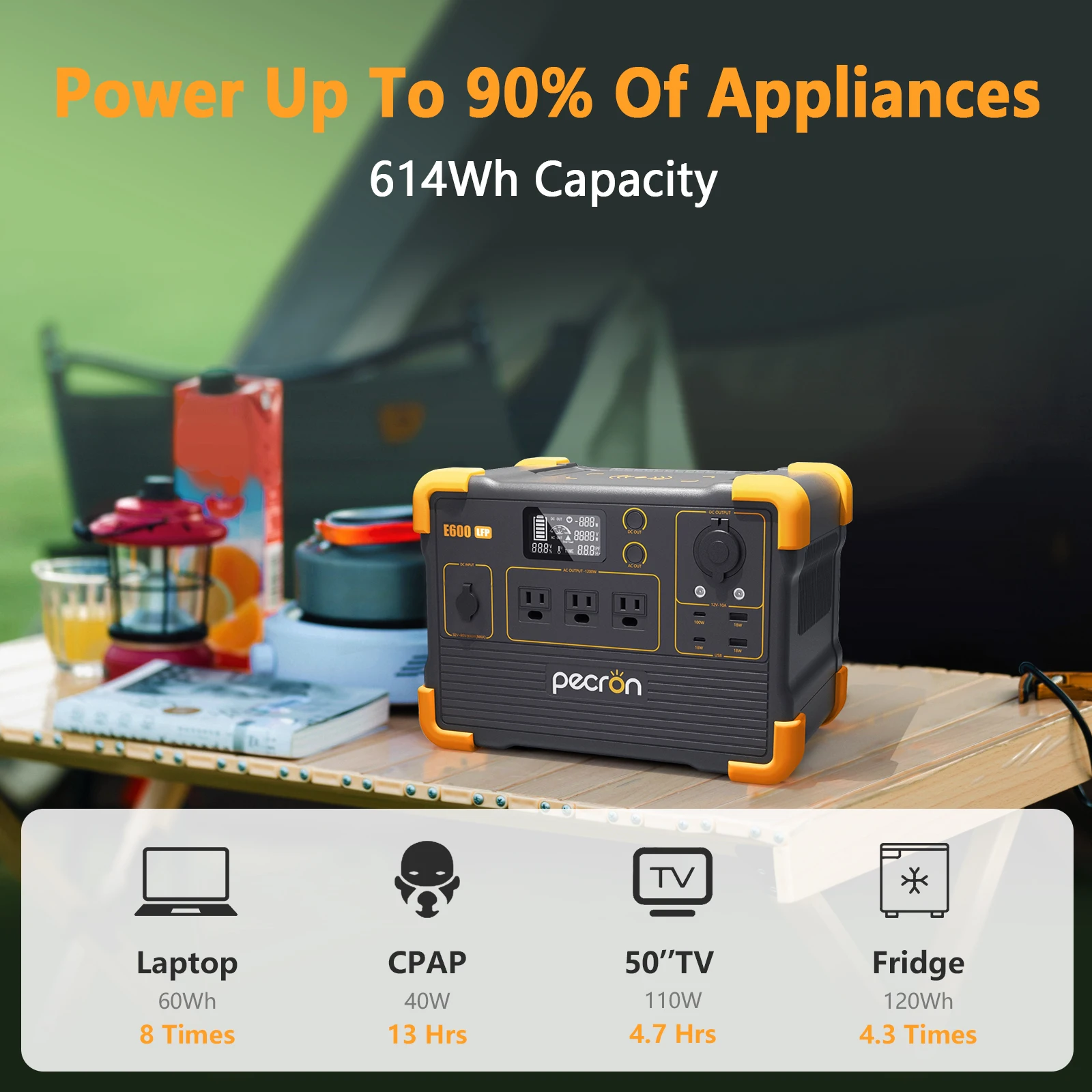 Refurbished-pecron E600LFP Portable Power Station 614Wh Solar Generator with 3X1200W AC Outlets LiFePO4 Battery Backup Outdoor