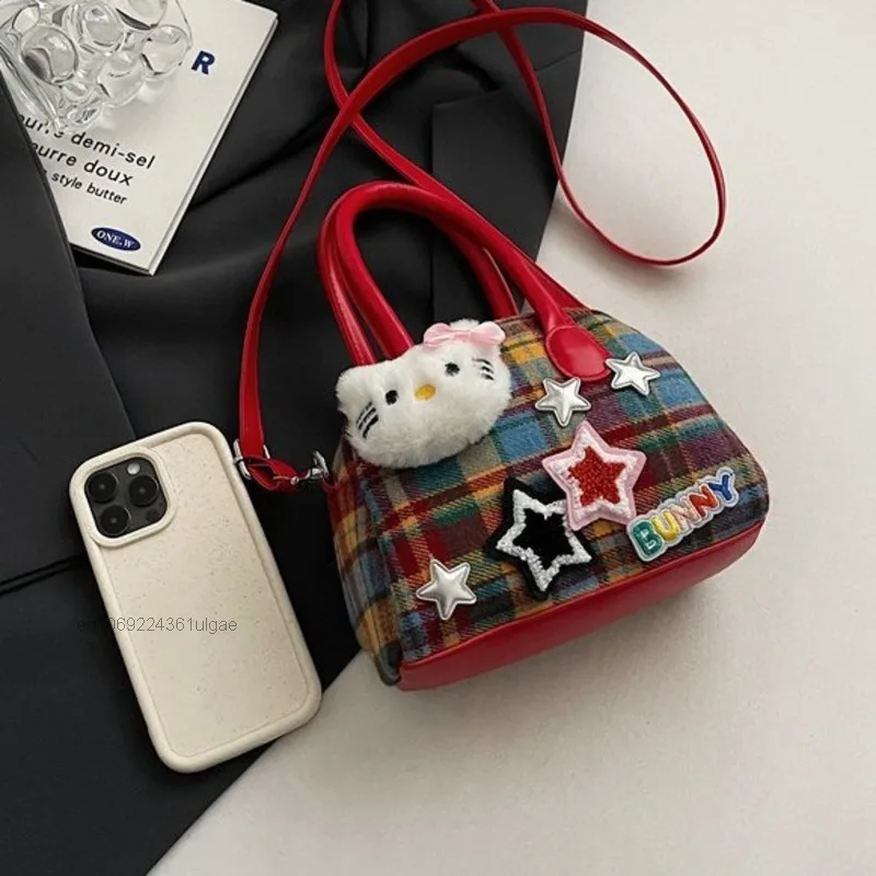 Sanrio Hello Kitty Women New Plaid Design Handheld Crossbody Bag Cute Trendy Handbag Korean Style Simple Commuting Crossbody Bag