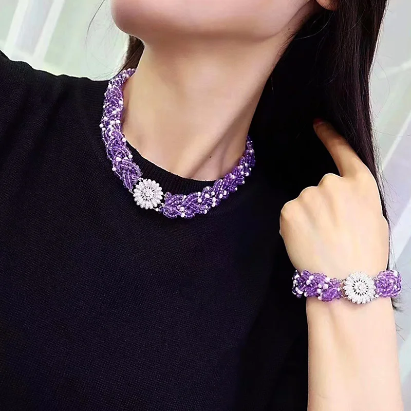 ZOCA Custom Elegant Purple Natural Amethyst Pearl 925 Sterling Silver Zircon Sunflower Bracelet Necklace Jewelry Set Women