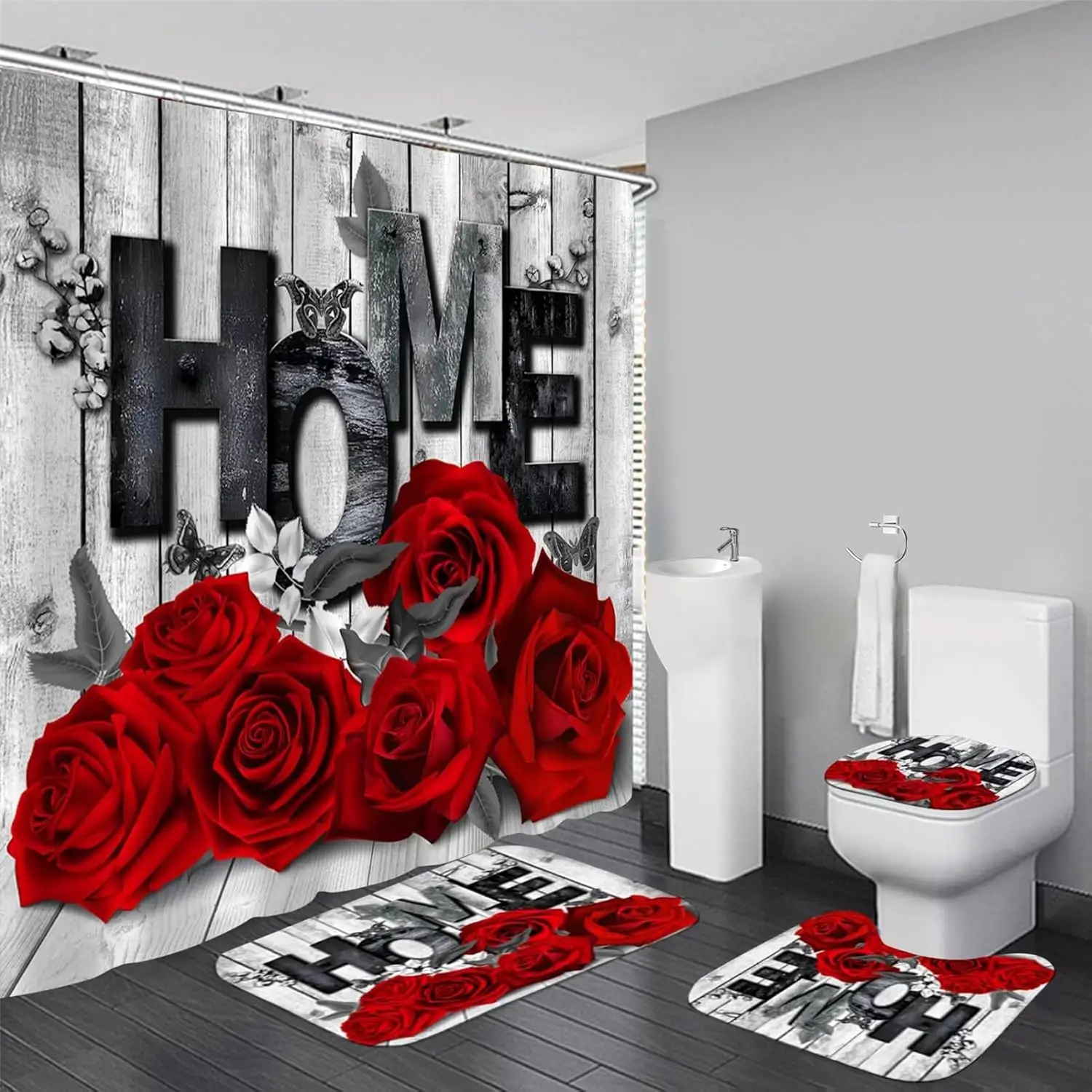 

Red Rose Valentine's Bathroom Set: 4-Piece Shower Curtain, Non-Slip Rugs, Toilet Cover, U-Shaped Mat with Hooks
