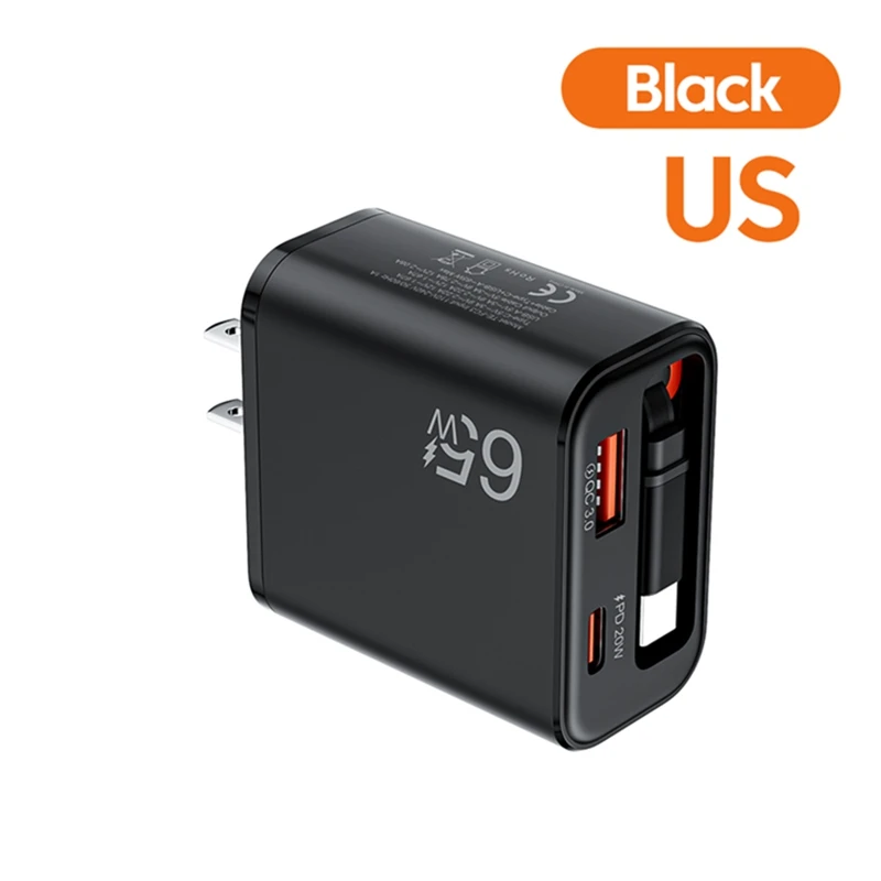 Neues 65W Superschnelles USB-C-Ladegerät mit Einziehbarem USB-C-Kabel für iPhone 17 16 15 Samsung POCO Xiaomi