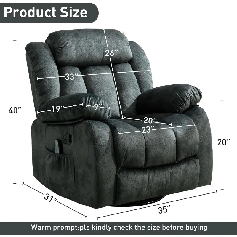 Massage Swivel Rocker Recliner with Heat and Vibration, Manual Rocking Recliner Chair with Vibrating Massage, Soft Fabric Heated