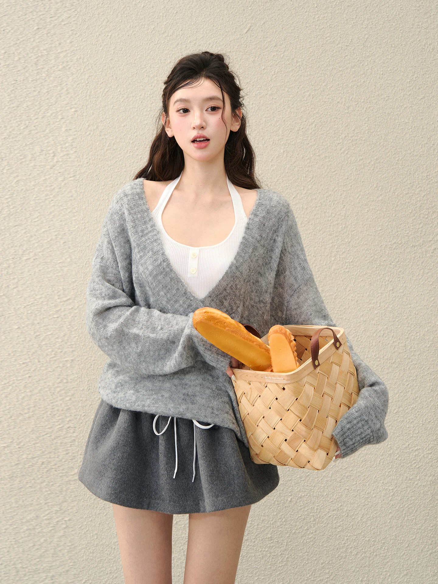 

OIOI E Loose Long Sve Deep V-Ne Color Blo Women's Knitwear Casual Sle Fake Two-Piece Autumn Faion for Teen Girls
