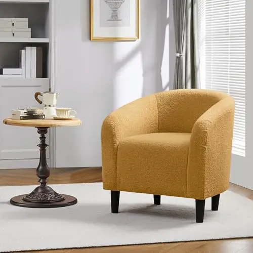 Small 25.5in Wide Sherpa Barrel Accent Chair, Mustard Yellow | Compact Cozy Barrel Chairs with a Curved Silhouette