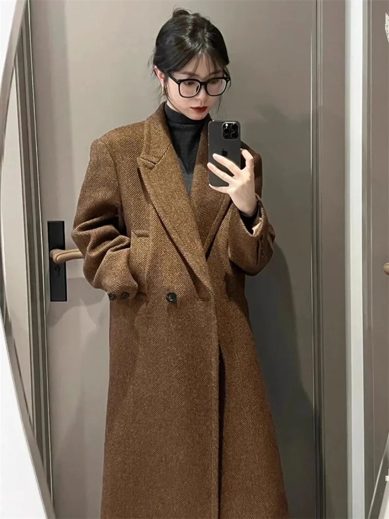 Coffee Colored Herringbone Pattern Woolen Coat 2024 Autumn Winter New Women's Mid to Long Korean Loose Cotton Padded Thick Coat
