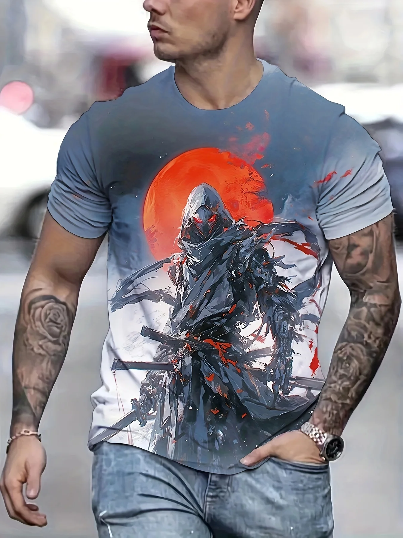 Men's Japanese Samurai Warrior Sun Graphic T-Shirt