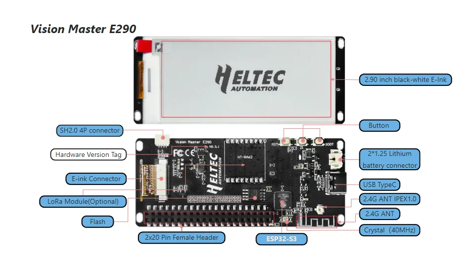 Heltec Meshtastic 2.90 E-Ink Display ESP32 LoRa mit Arduino Smart Price Tag E-Paper Monitor Devboard Bluebooth WiFi – Detail 4