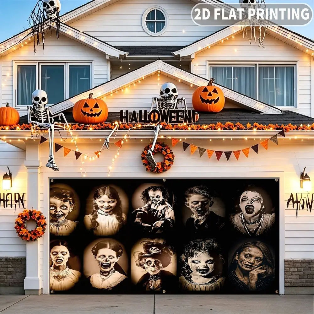 1pc 2D FLAT Halloween Party Garage Banner, Scary Zombie Portrait Pattern, No Power Need, for Garage Door Decor