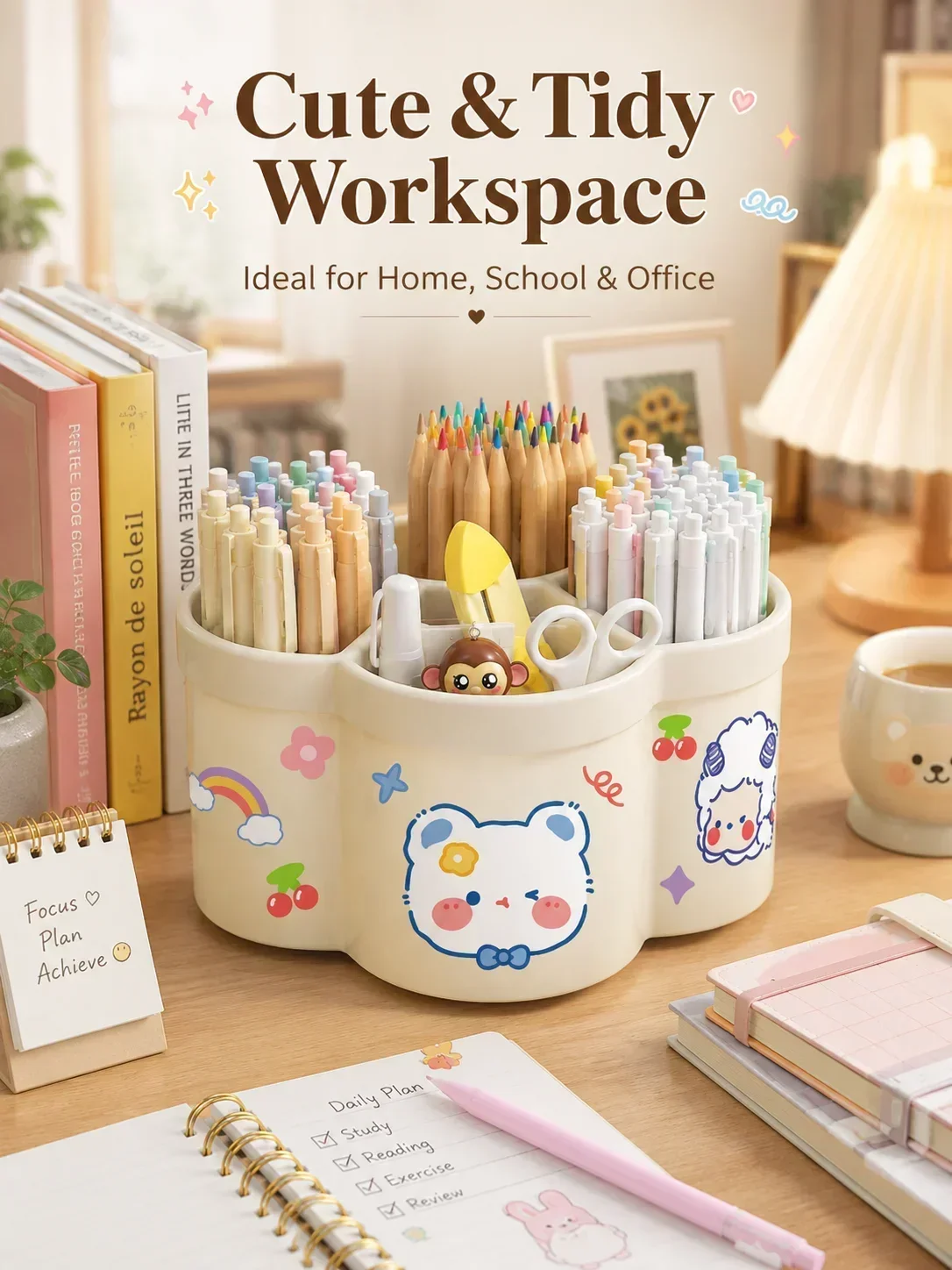 Rotating Pencil Holder, 360° Spinning Desk Organizer with 2 Layers Large Capacity for Students Office
