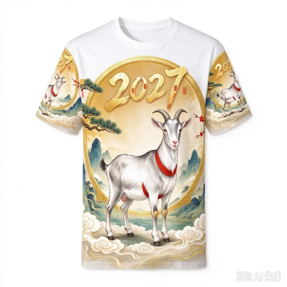 2027 Year of The Goat Chinese New Year T-shirt  Traditional Lotus Koi Fish Lantern Graphic Unisex 3D Full Print Short Sleeve Tee