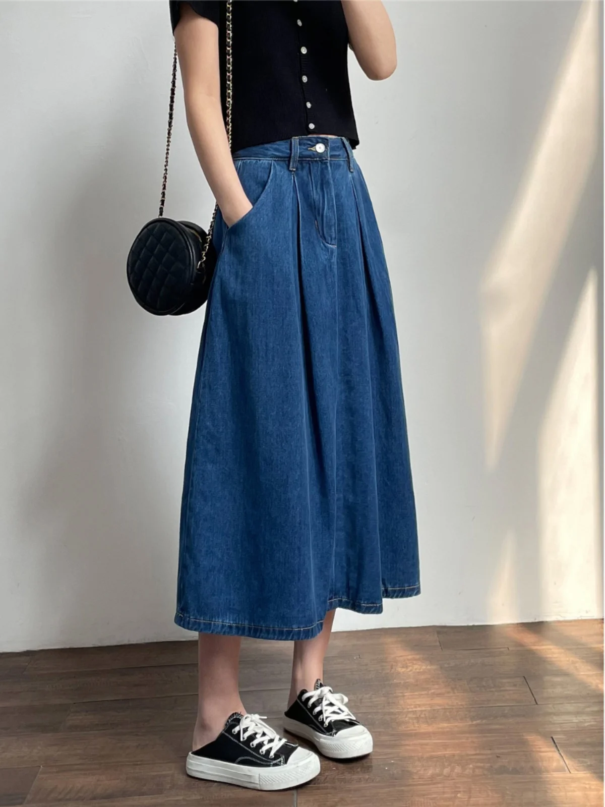 

Loose High Waist A-Line Midi Denim Skirt Women's Summer Workwear Skirt Wide Hemline f-length Skirt Faionable Casual Skirt