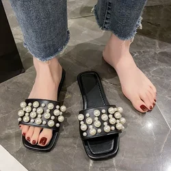 2024 Summer New Fashion Slippers Women Flat Luxury Outdoor Pearl Flip Flops Women Open Toed Design Brand Street Shoes Zapatos