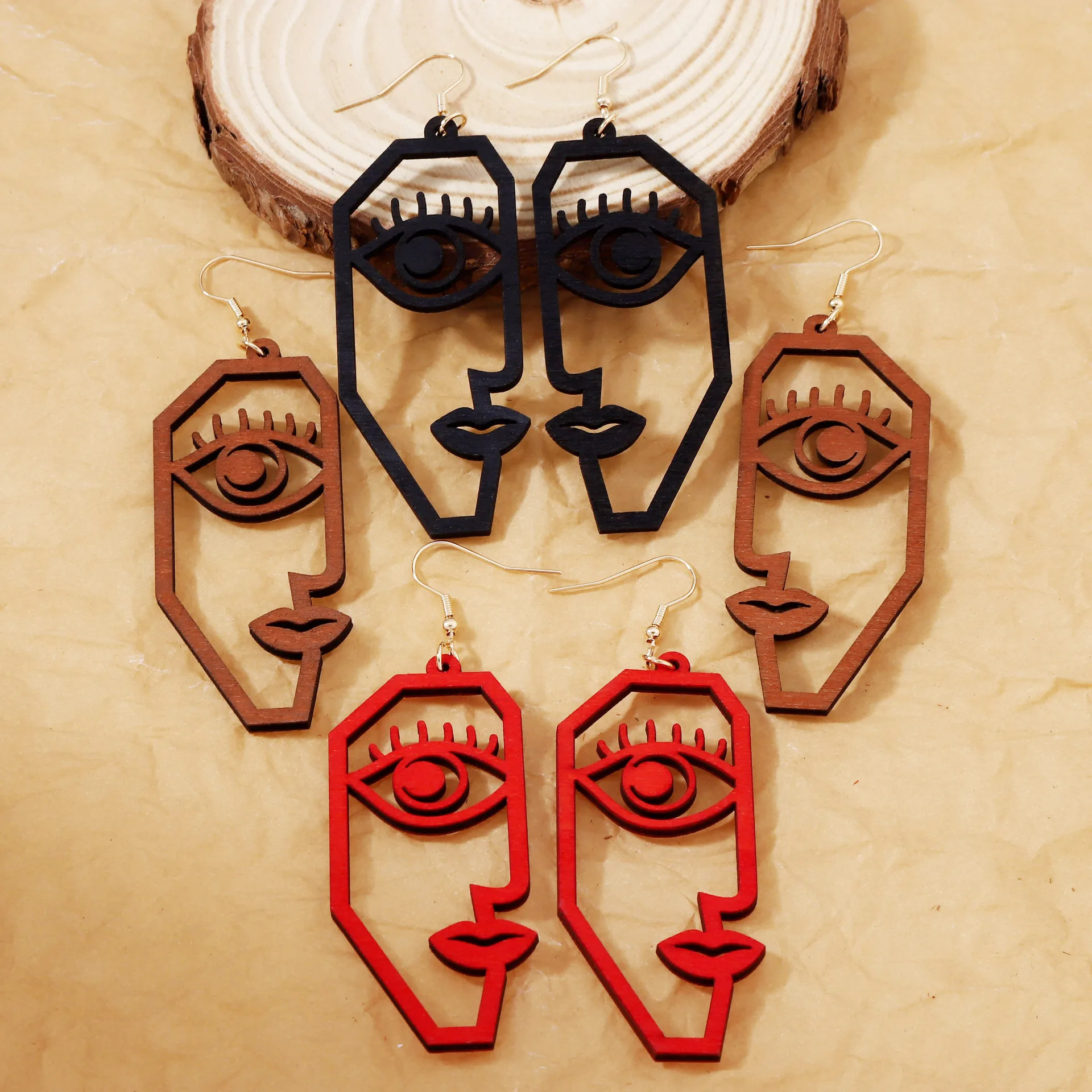 Laser cutting hollow abstract face creative earrings wooden fashion personality simple