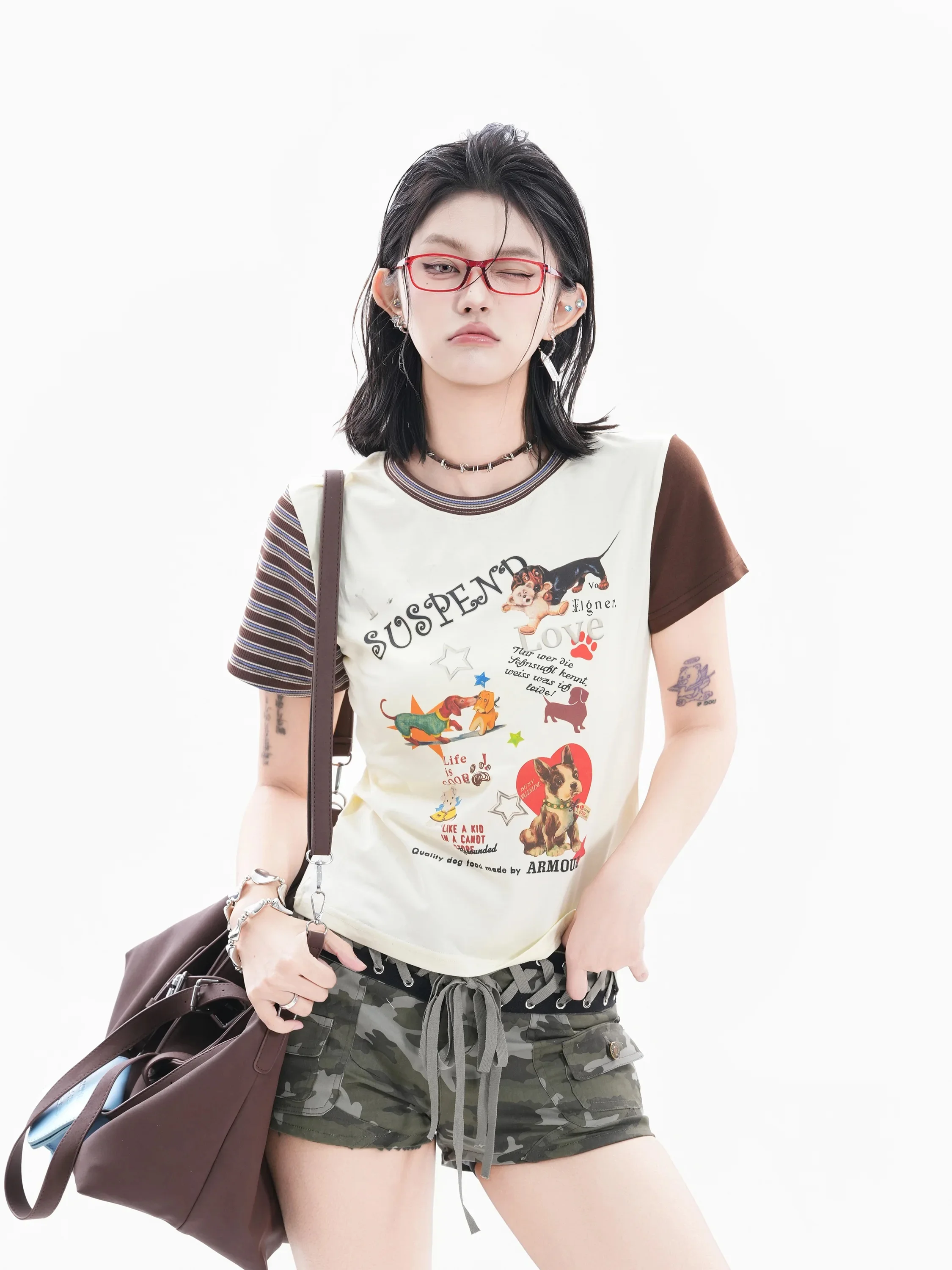 

Retro American Dog Print Color Block Shoulder T-Shirt Women Elegant Cool Small Ins Unique Cotton Short Sleeve round Neck Top