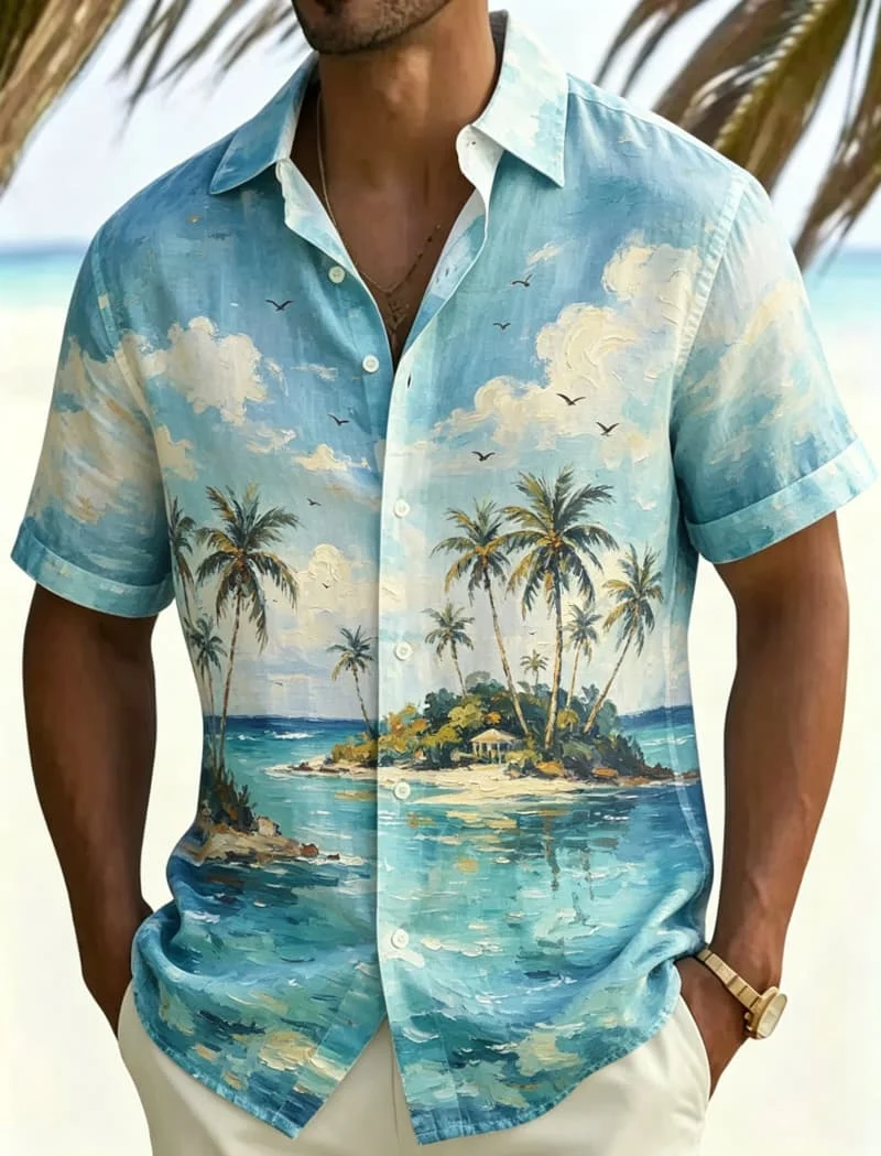 Tropical Coastal Landscape Print Short Sleeve Shirt Casual Button Up For Men Summer Style With Artistic Scenic Charm