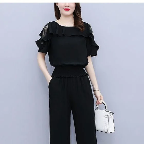 Szyfonowe spodnie damskie z szerokimi nogawkami 2024 Summer New Fashion Slim Corp Tops Ankle-Length Trousers Two Piece Set For Women Clothes