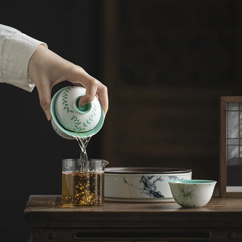 الكرمة رسمت باليد الكونغ فو مجموعة المنزلية السيراميك اليشم الطين الصقيل الداخلي الفيروز وعاء شاي أخضر الباحث Gaiwan #4