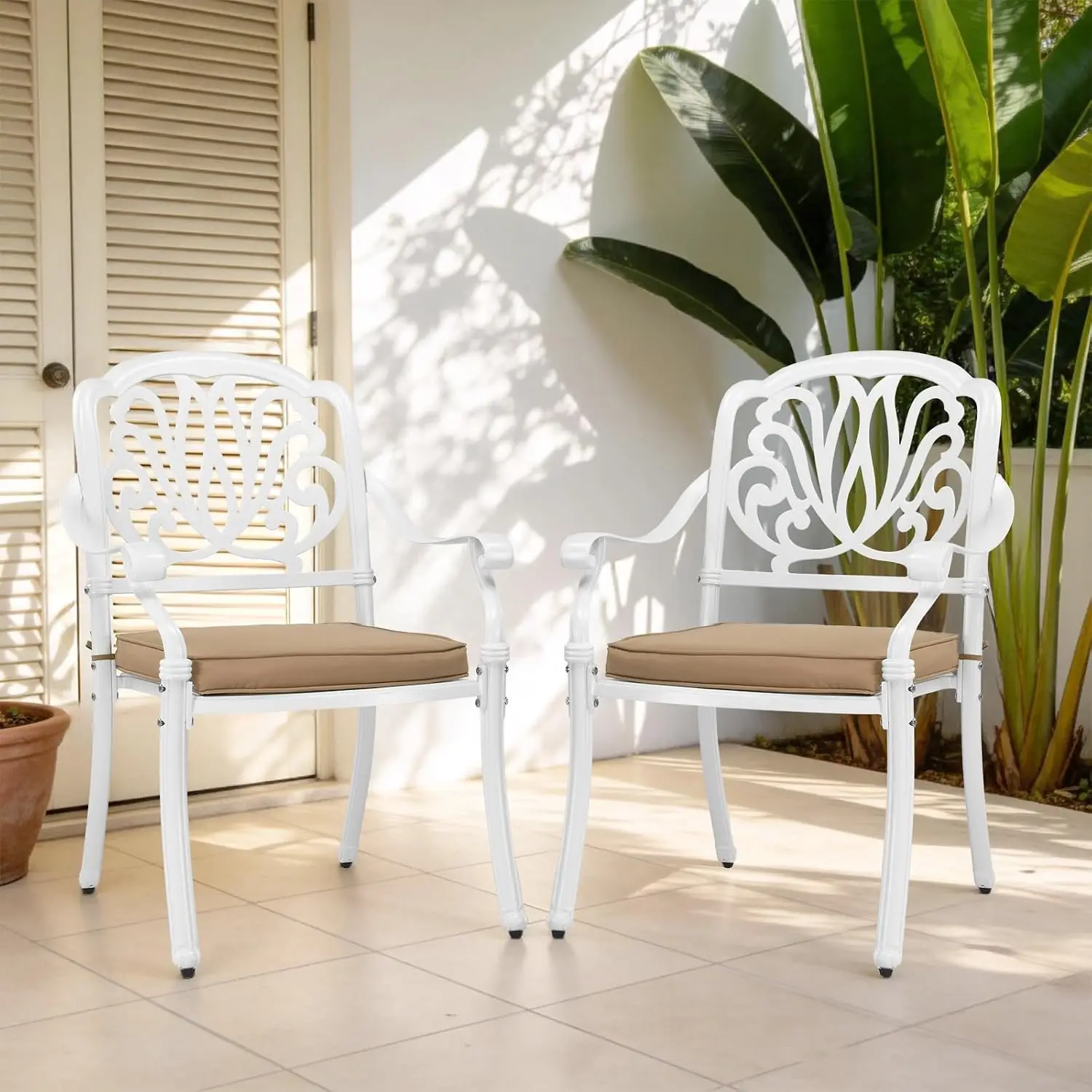 Cast Aluminum Patio Dining Chairs Set, Stackable Outdoor Armchairs With Soft Padded Cushions, Metal Floral Seating Furniture For Backyard Poolside Balcony Garden Lawn, Vintage Modern Style, White, 2 Pieces