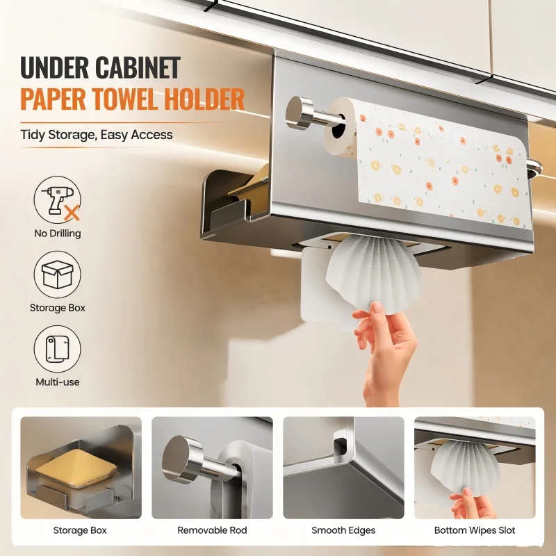 Under Cabinet Kitchen Paper Towel Rack, Wet Wipe Storage Holder, Hanging Tissue Box and Dishcloth Organizer for Cabinet