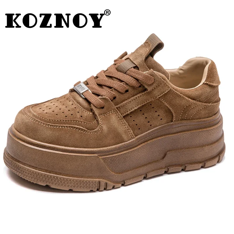 Koznoy 5.5cm Cow Suede Genuine Leather Spring Fashion Ankle Boots Chunky Sneakers Women Autumn Vulcanize Platform Wedge Shoes