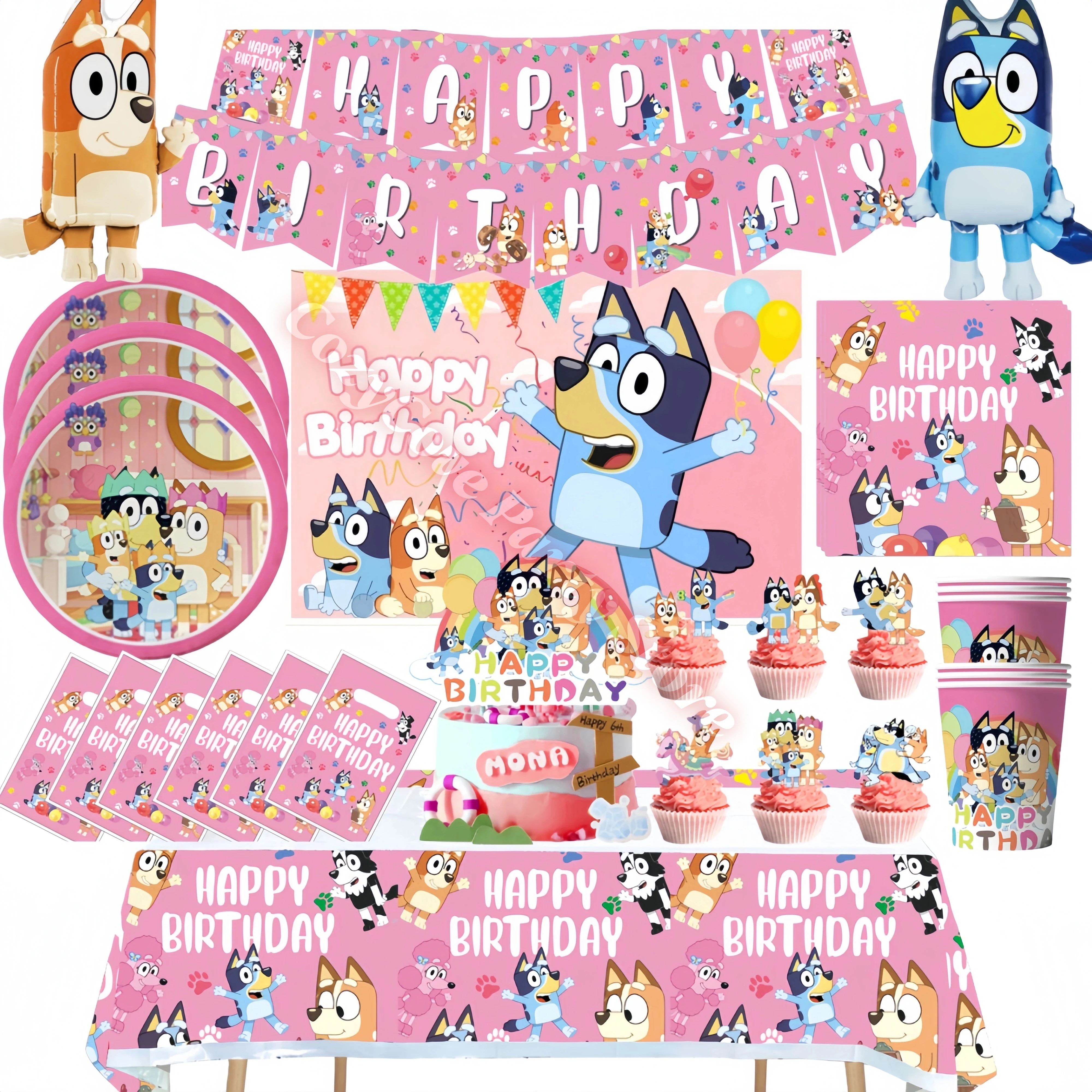 Ensemble de décoration de fête d'anniversaire Pink Bluey Bingo Puppy : gobelets, assiettes, serviettes, ballons pour cadeaux d'enfants, photomaton, baby shower