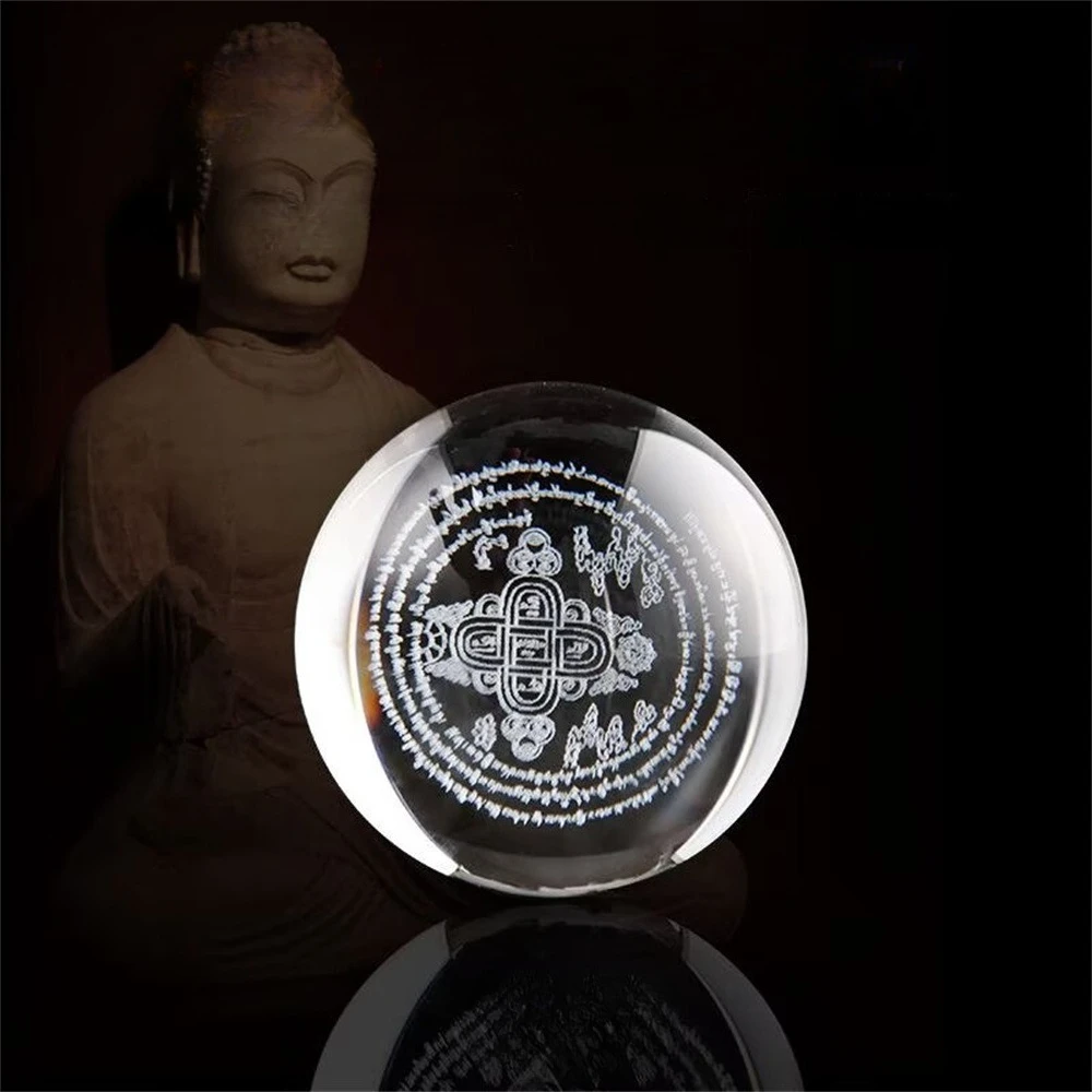 K9 Crystal Ball Carved with Buddhism Sanskrit Six Character Mantra Mani for Dragon King Blessing Lucky Fengshui Decor