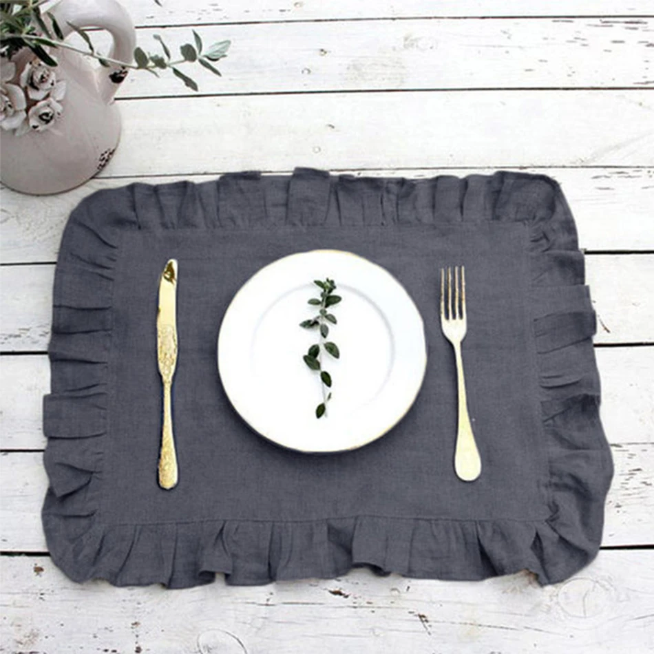 1 Pcs 100% Linen Napkins Wedding Dinner Solid Color Flounce Placemats Ruffle Edge Classical Custom Home Table Napkin