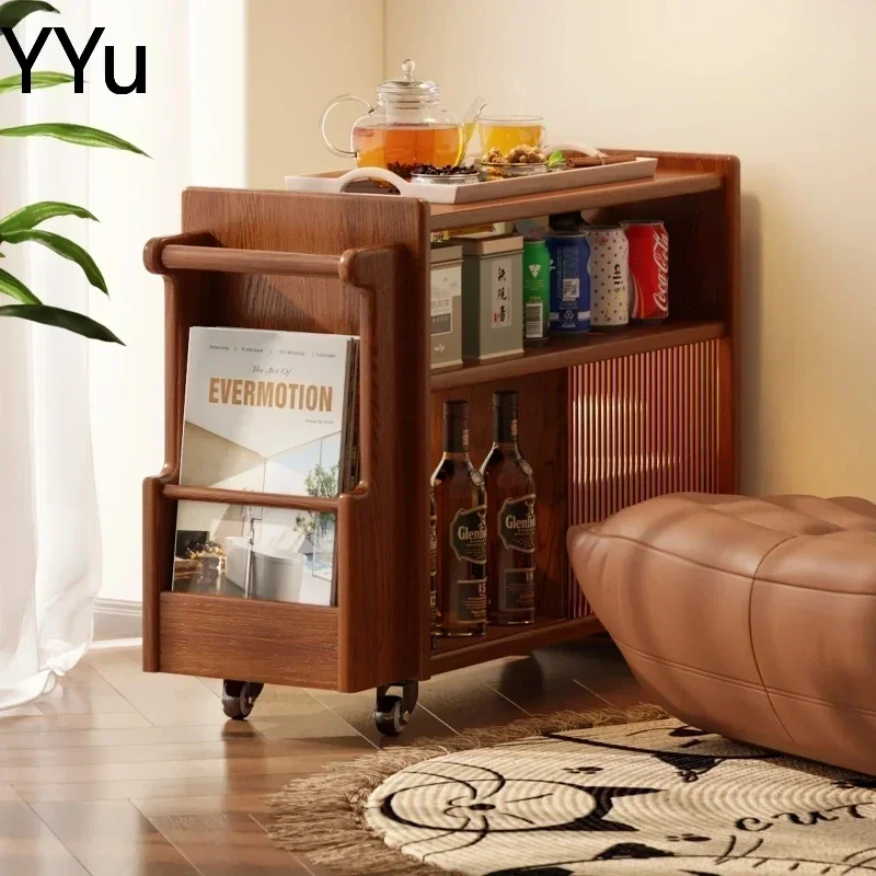 Mid-Century Modern Rolling Cart Wooden Mobile Side Tablefor Living Room Small Shelf on Wheels for Snacks Storage Vintage Trolley