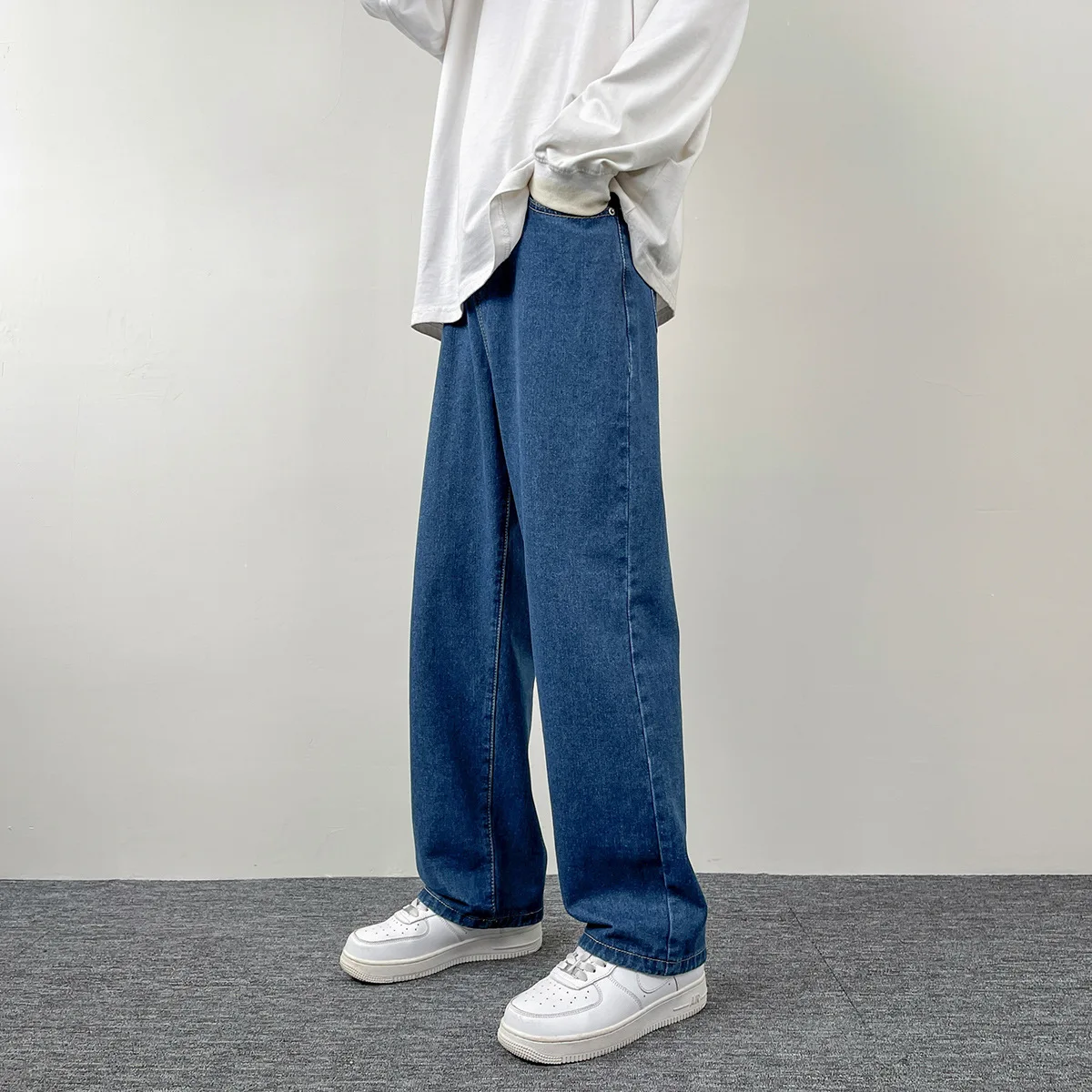 2024 new Korean European and American men's casual long jeans classic men's straight leg denim wide leg pants solid color