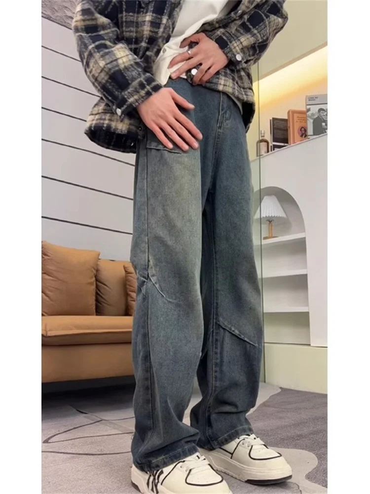 

Мужские джинсы в стиле ретро, свободные широкие брюки, модные уличные, с высокой талией, винтажный образ, молодежные, для весны и осени