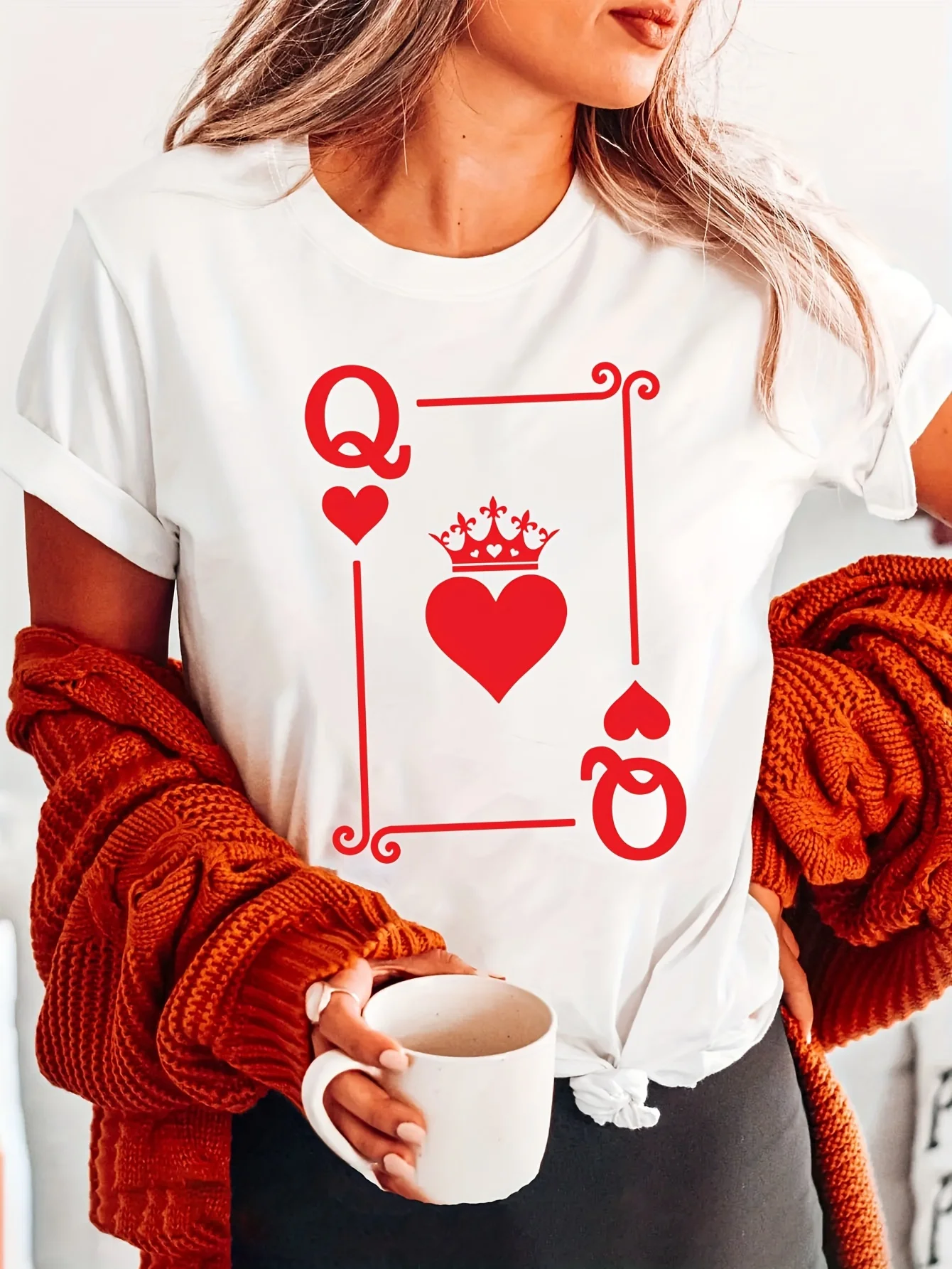 1pc dames casual T-shirt met rood hart schoppenvrouw print, korte mouw ronde hals, gebreide stof, normale lengte