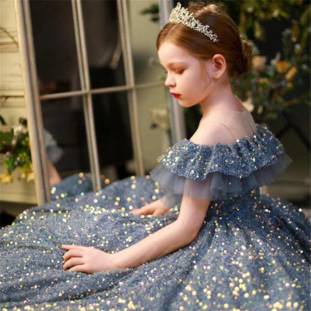 فستان فتاة الزهور الأنيق المخصص لحفلات الزفاف منتفخ لامع ترتر بدون أكمام للأطفال فستاين سهرة/فساتين الحفلات وحفلات أعياد الميلاد وحفلات التجميل