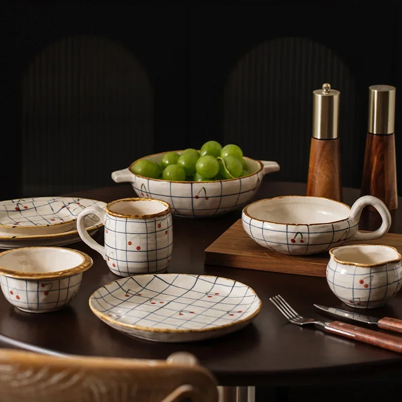 ceramic coffee cup and saucer set - rustic farmhouse style checkered pattern mug and tea cup