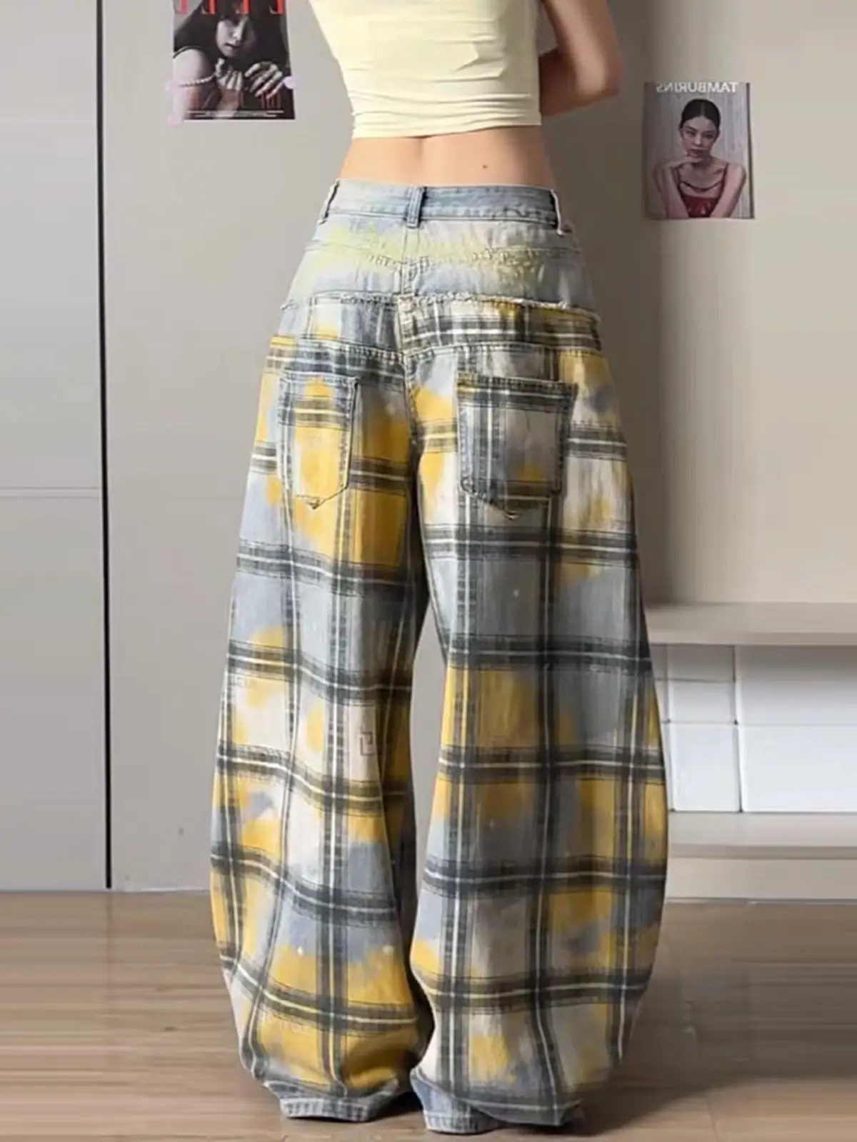 Washed Distressed Patchwork Plaid Curved Barrel Wide Leg Jeans Women Autumn Loose Streetwear Denim Pants