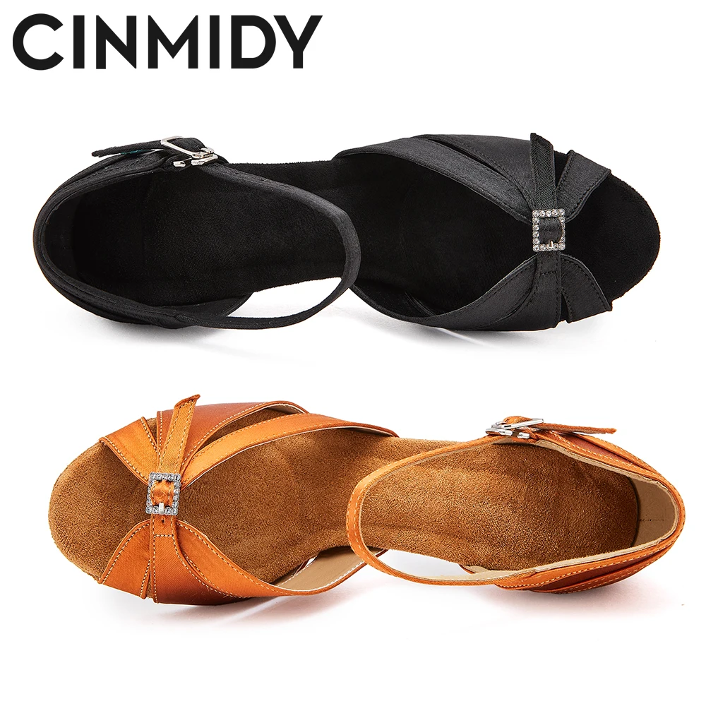 CINMIDY Black Silk Satin Dance Shoes For Women Adjustable Width And Narrowness Tango Latin Dance Shoes Stable Heel Party Shoes
