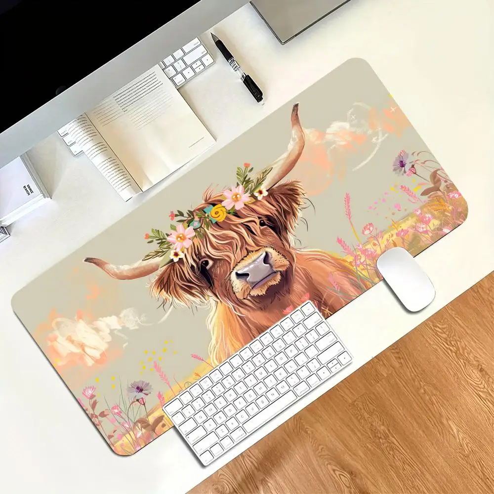 Vintage Highland Cow Floral Gaming Mouse Pad Anti‑Slip Rubber Desk Mat Stitched Edges For PC Laptop Home Office Setup