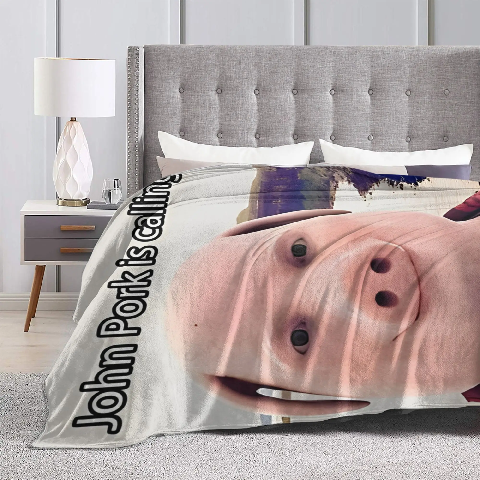 John Pork Is Calling Funny Blanket Flannel Pig Meme Super Soft Throw Blankets for Home Couch Bedroom Quilt