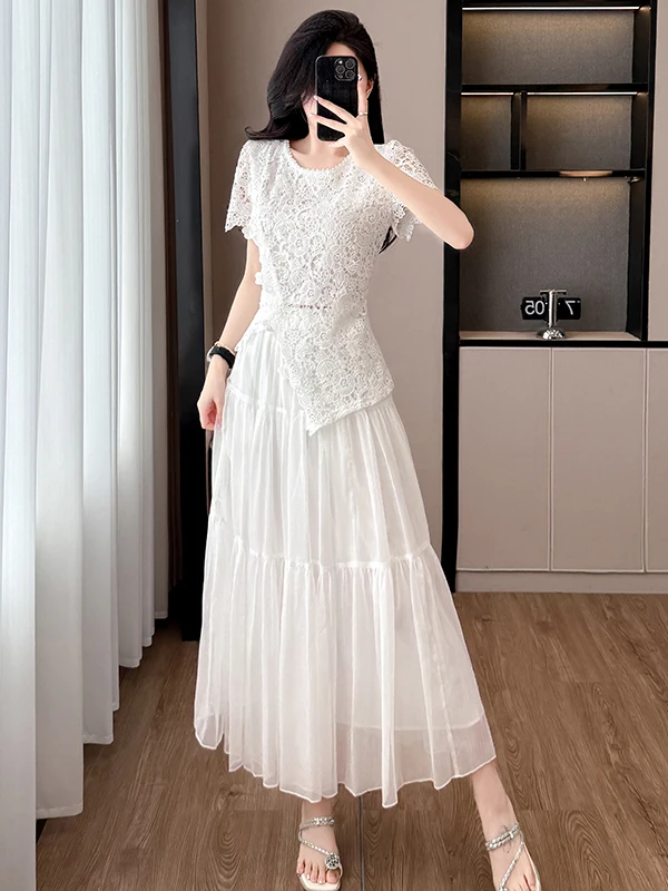 Ele الدانتيل والتطريز الجوف خارج الأعلى وتنورة قطعتين مجموعة المرأة عطلة الصيف فريدة من نوعها جميلة Faionable #2