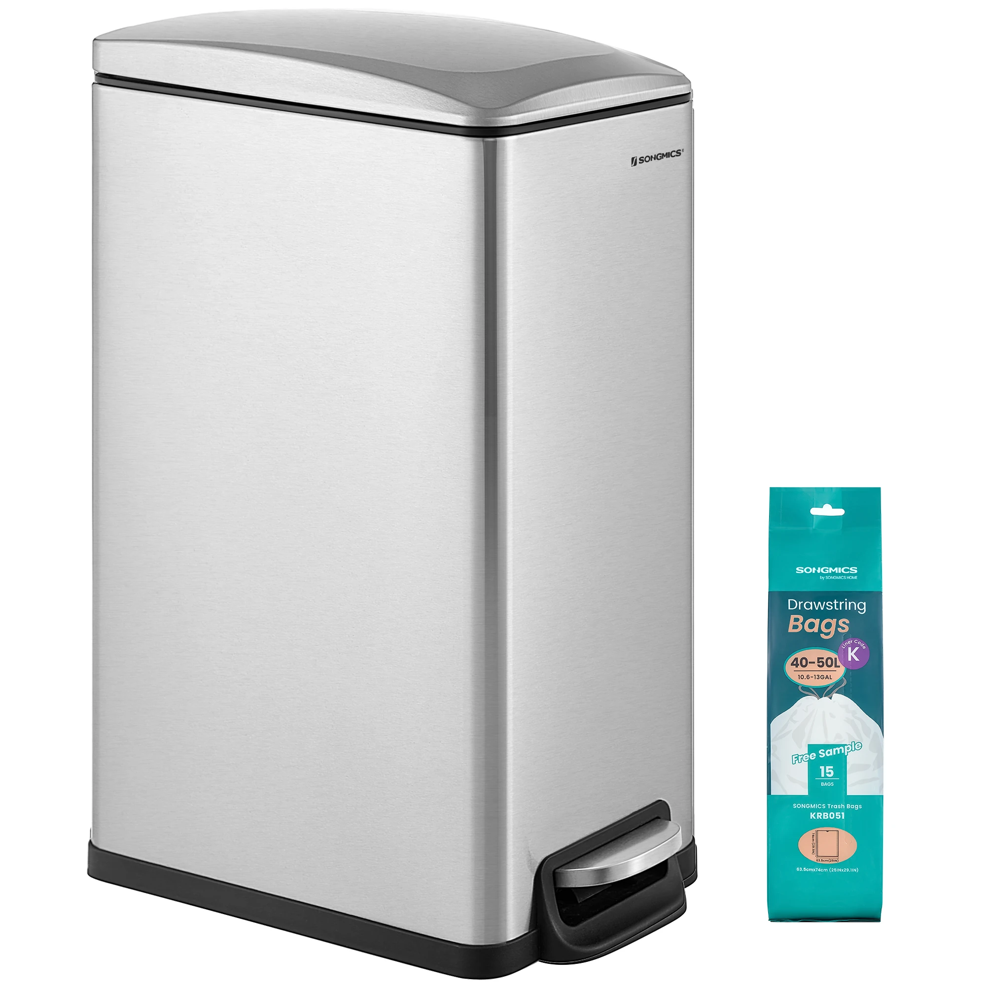 

SONGMICS Bathroom Trash Can, 13-Gallon (50 L) Small Trash Bin with Lid, Slim for Small Spaces, Stainless Steel Garbage Can
