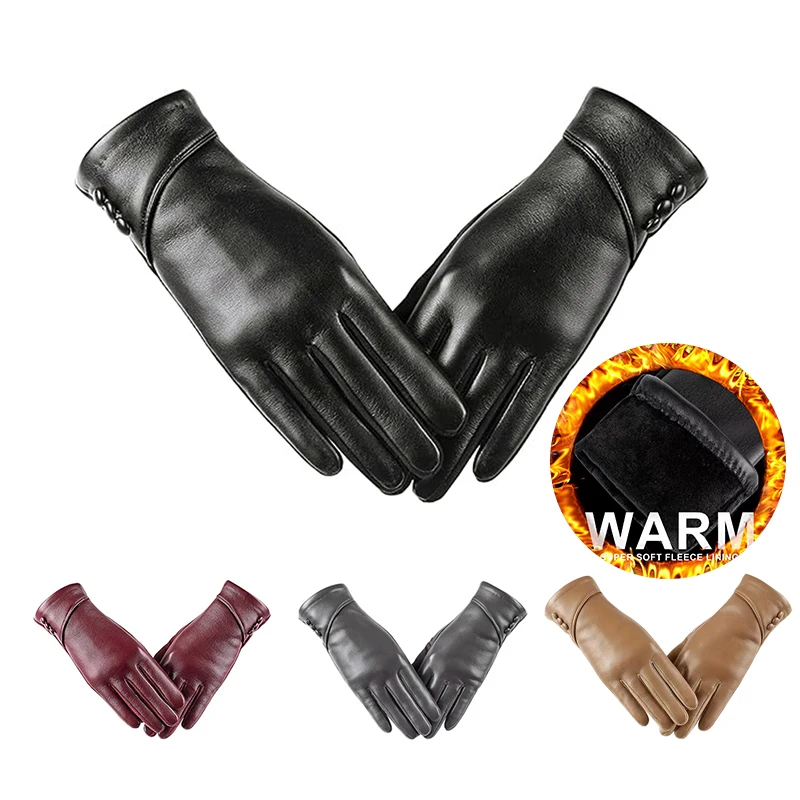 1 Pair Winter Warm Outdoor Sports Cycling Leather Gloves For Men Women Touch Screen Wool Lined Windproof Riding Driving Gloves