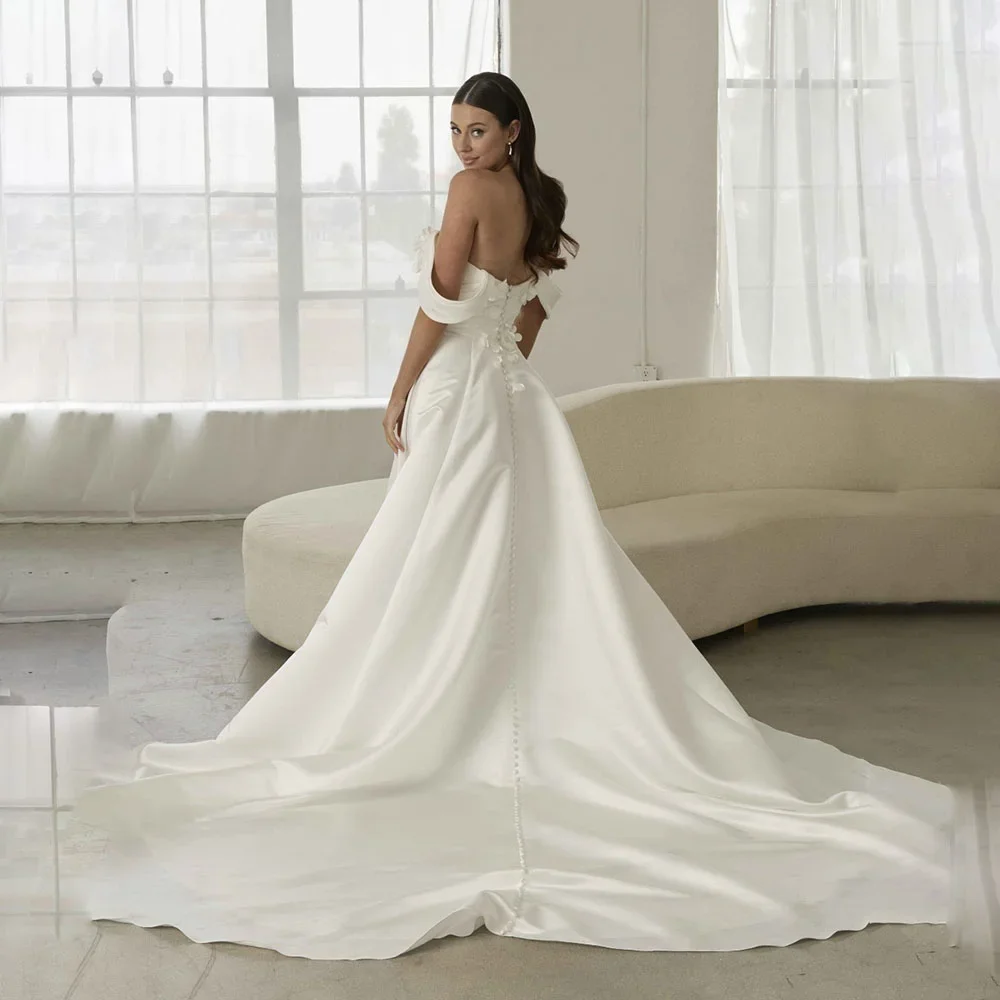 Customized  Romantic Satin A-line Wedding Dress Off The Shoulder Sweetheart Neckline with 3D Floral Applique and Ruched Detail